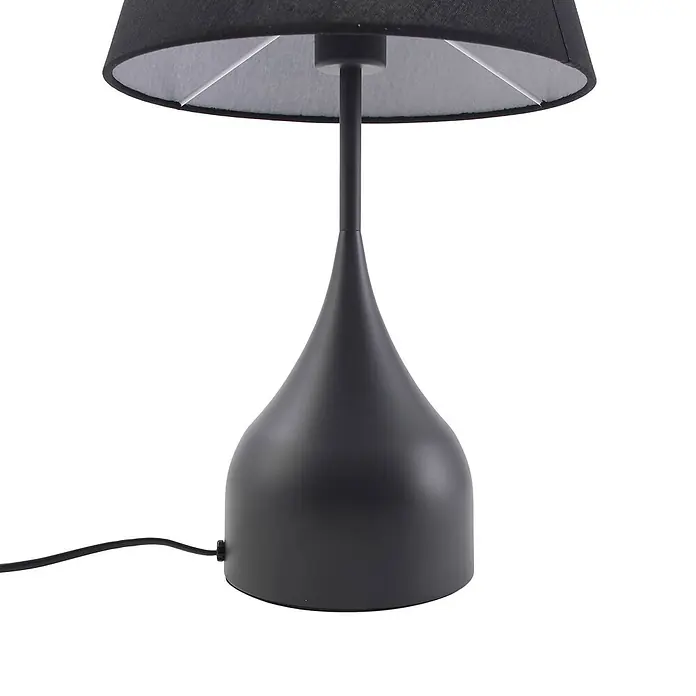Lucande Tischleuchte Luoti - schwarz, schwarz, E27 - Mattschwarze Metall-Tischlampe mit ausgestelltem Sockel und schwarzem Stofflampenschirm.