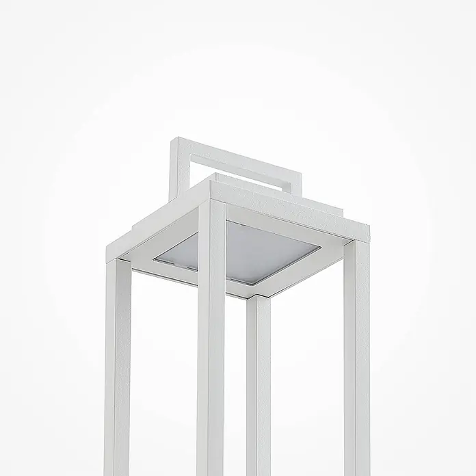 Lucande Tischleuchte Mirina - L x B x H: 10 x 10 x 33,5 cm, weiß / opal - Weißes, quadratisches Laternenlicht mit Griff und integriertem LED-Panel.