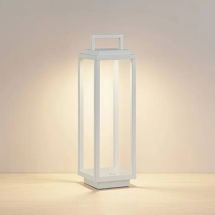 Lucande Tischleuchte Mirina - L x B x H: 10 x 10 x 33,5 cm, weiß / opal - Weiße, rechteckige Laternenlampe mit Griff, die warmes Licht abstrahlt.
