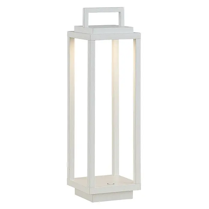 Lucande Tischleuchte Mirina - L x B x H: 10 x 10 x 33,5 cm, weiß / opal - Weißes rechteckiges Outdoor-LED-Laterne mit integriertem Griff.