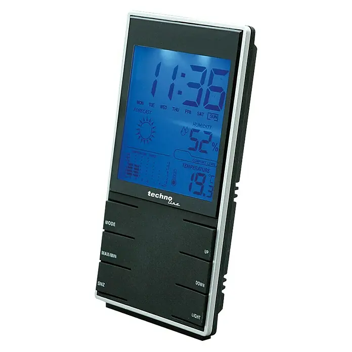 Wetterstation WS 9120 - Digital, Breite: 75 mm - Digitales Thermometer "Techno Line" mit Anzeige von Uhrzeit, Datum, Temperatur und Luftfeuchtigkeit für ein komfortables Raumklima.