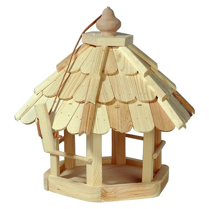 Dobar Sechseck-Vogelfutterhaus - Hellbraun, 35 x 31 x 37 cm - Detailaufnahme eines hölzernen Vogelhauses mit einem dekorativen Dach und einer kleinen Sitzstange, ideal für den Garten.