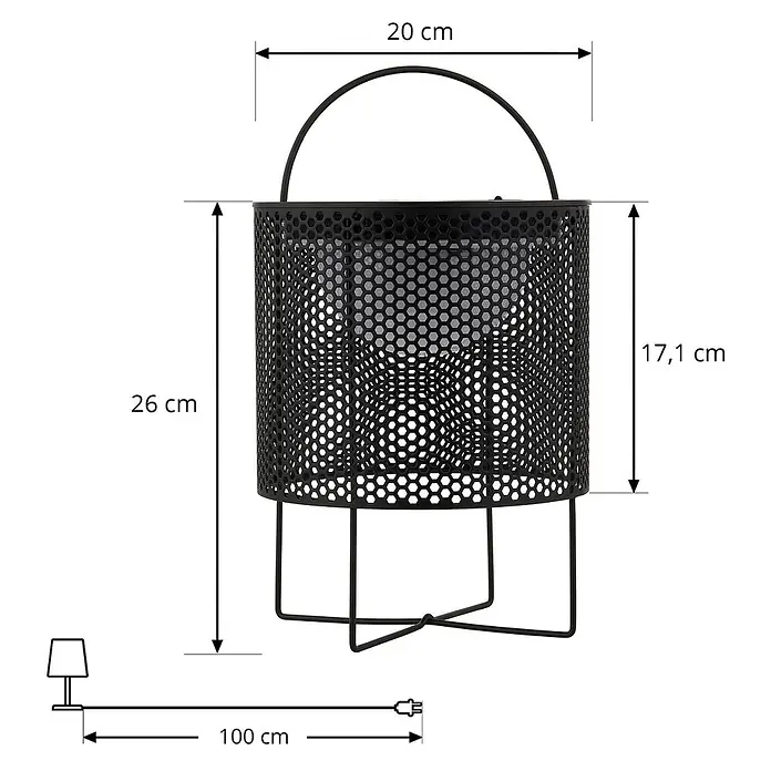 Lindby Tischleuchte Achilleas - L x B x H: 20 x 20 x 26 cm, schwarz - Schwarze perforierte Metalllaterne mit Griff und Standfuß, Maße angezeigt.