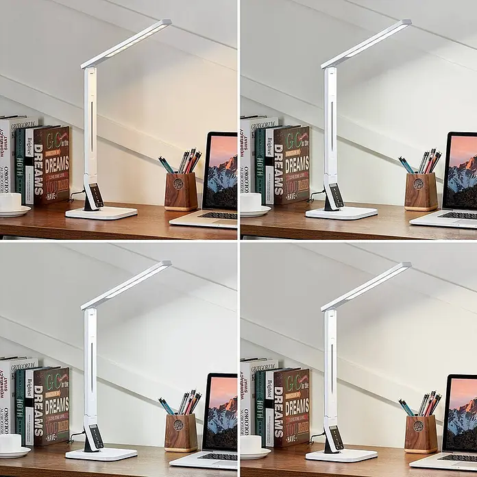 Lindby Tischleuchte Eleni - L x B x H: 18 x 17,2 x 45 cm, weiß / opal, weiß / opal - Weiße LED-Schreibtischlampe mit verstellbarem Arm und Bedienfeld auf einem Holzschreibtisch, beleuchtet den Arbeitsbereich.