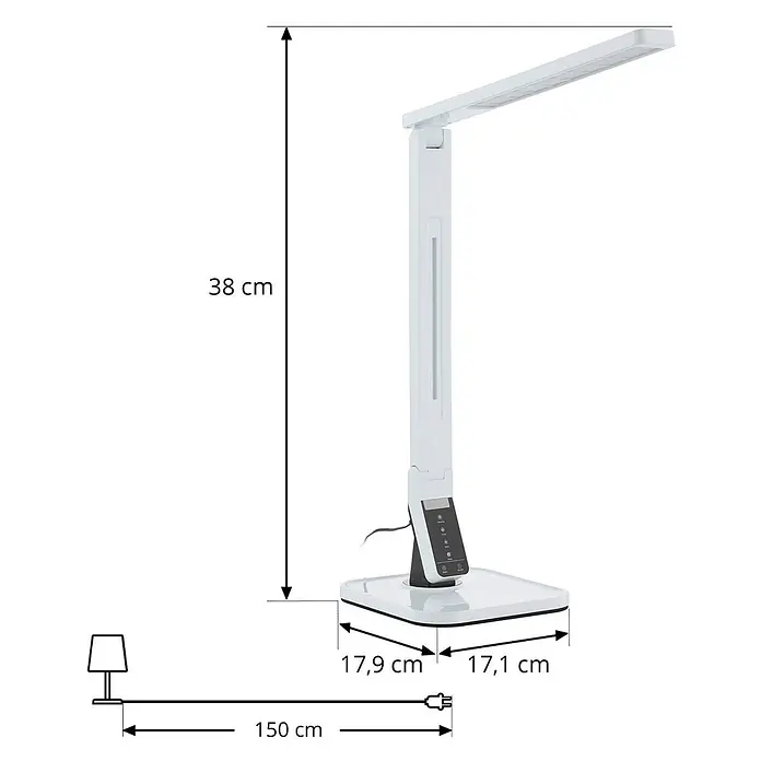 Lindby Tischleuchte Eleni - L x B x H: 18 x 17,2 x 45 cm, weiß / opal, weiß / opal - Weiße LED-Schreibtischlampe mit verstellbarem Arm, quadratischem Sockel, Maßen 38x17.9x17.1cm und 150cm Netzkabel.