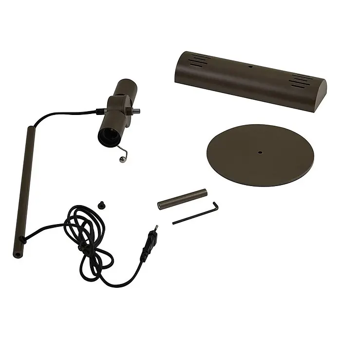 Lucande Tischleuchte Nysira - L x B x H: 18 x 36 x 50 cm, schwarz, schwarz, E27 - Zerlegte dunkelbronzefarbene Metallstehlampe, bestehend aus Sockel, Schirm, Stange, Fassung, Kabel und Montagewerkzeugen.