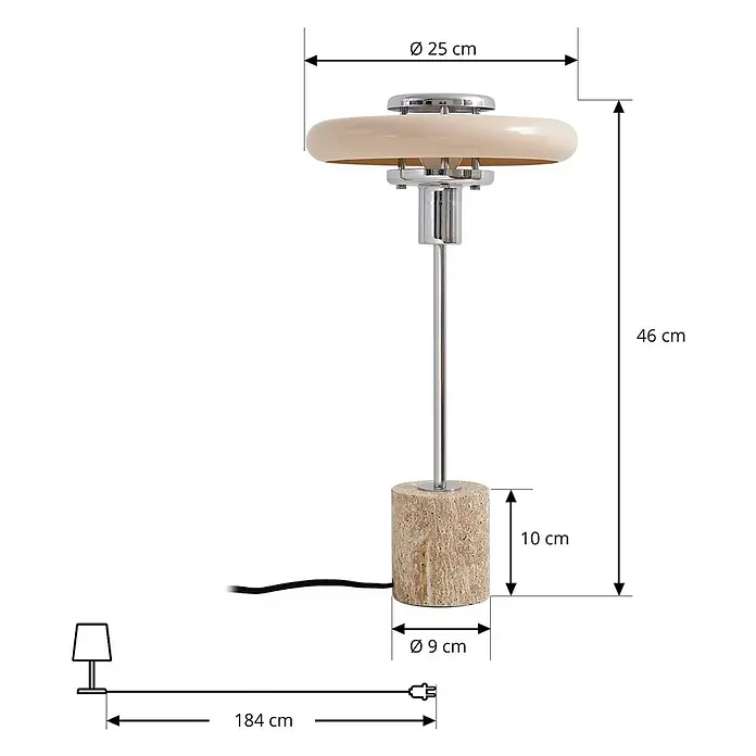 Lindby Tischleuchte Branford - L x B x H: 25 x 25 x 46 cm, creme / amber, creme / amber, E14 - Beige Tischlampe mit Natursteinsockel und Chromakzenten, Maße angezeigt.