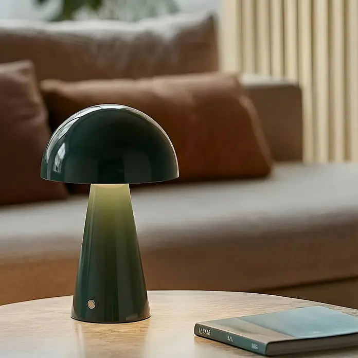 Lindby Tischleuchte Nevijo - L x B x H: 20 x 20 x 30 cm, grün, grün - Dunkelgrüne Pilz-Tischlampe auf Holztisch, spendet warmes Licht in wohnlicher Umgebung mit Buch.