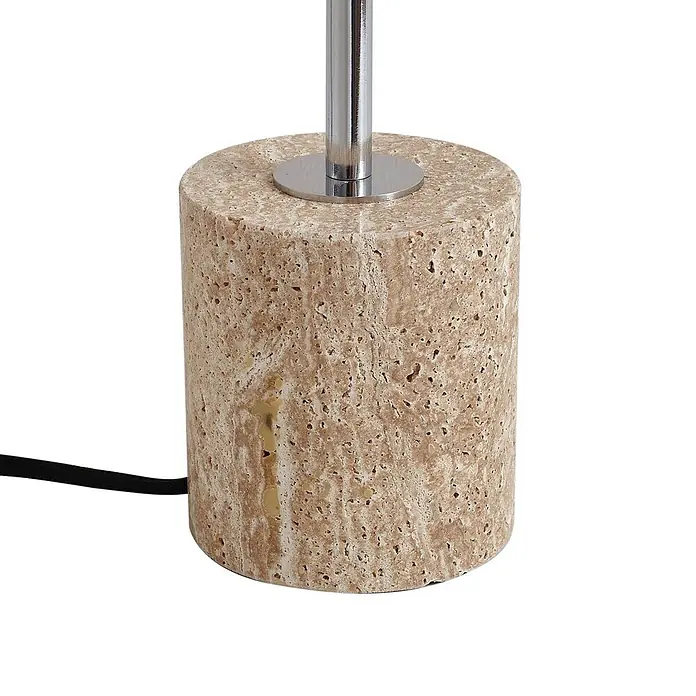 Lindby Tischleuchte Branford - L x B x H: 25 x 25 x 46 cm, creme / amber, creme / amber, E14 - Zylindrischer Lampenfuß aus beigem Travertinstein, mit silbernem Metallstab und schwarzem Kabel.
