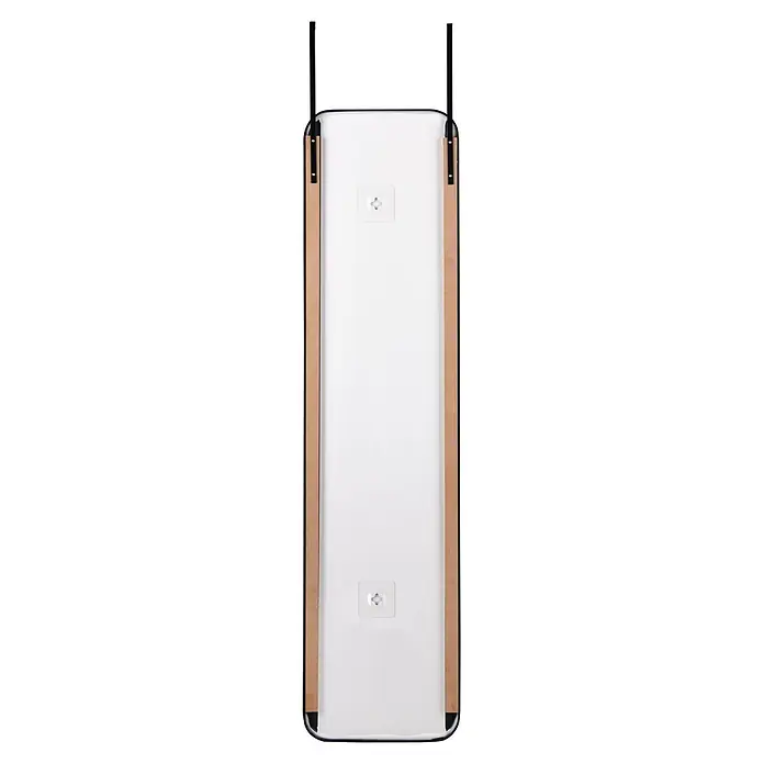Türspiegel Beate - 31,5 x 123 cm, Schwarz - Rückseite eines rechteckigen Spiegels mit schwarzem Rahmen, weißer Rückwand, braunen Seitenstreifen und weißen Aufhängevorrichtungen.
