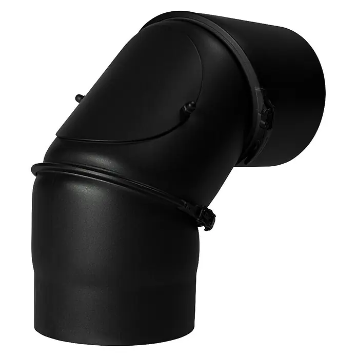 Ofenrohrbogen - Durchmesser: 200 mm, Bogenwinkel: 0 ° - 90 °, Drehbar, Senotherm lackiert, Schwarz Metallic - Ein 90-Grad-Ofenrohrbogen, mattschwarz, mit Sicherungsbändern zur sicheren Verbindung von Rauchrohrkomponenten.