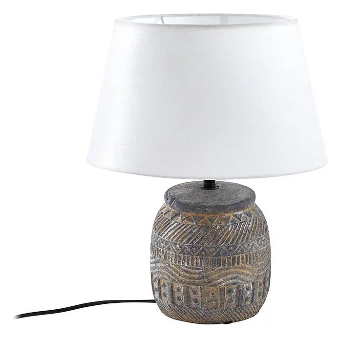 Lindby Tischleuchte Aelith - L x B x H: 30 x 30 x 36 cm, alu / grau / zink, weiß / opal, E27 - Tischlampe mit weißem Stoffschirm und einem bauchigen Sockel mit aufwendig geschnitzten Mustern in verwittertem Grau/Braun.