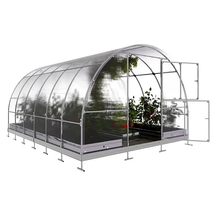 Klasika Greenhouses Gewächshaus Tube Klasika - Außenmaß inkl. Dachüberstand (B x T): 300 x 400 cm, Material Seitenwand: Kunststoff, 4 mm, Silbergrau - Gewölbtes transparentes Gewächshaus mit silbernem Rahmen, Pflanzen innen und offenen Türen auf erhöhtem Sockel.