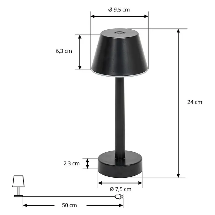 Lindby Tischleuchte Gaja - schwarz, schwarz - Schwarze Tischleuchte mit Maßen: 24 cm Höhe, Ø 9,5 cm Schirm, Ø 7,5 cm Fuß und 50 cm Kabel.