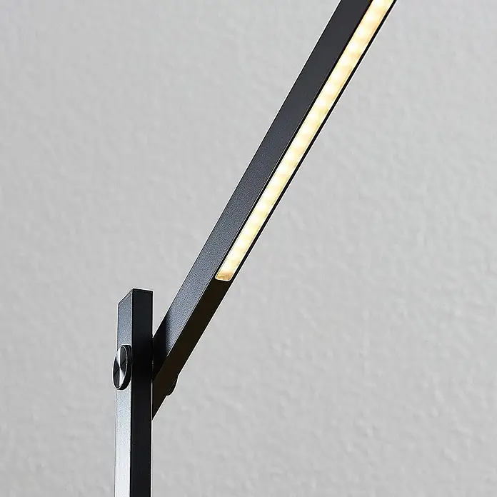 Lindby Tischleuchte Loretta - L x B x H: 40,8 x 17 x 43 cm, schwarz, schwarz - Schwarze, eckige LED-Schreibtischlampe, die warmweißes Licht aus ihrem integrierten Streifen abgibt.