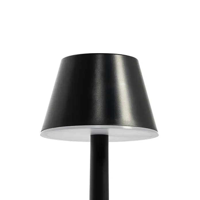 Lindby Tischleuchte Gaja - schwarz, schwarz - Schwarze Tischleuchte mit konischem Schirm und weißem Diffusor auf schwarzem Ständer.