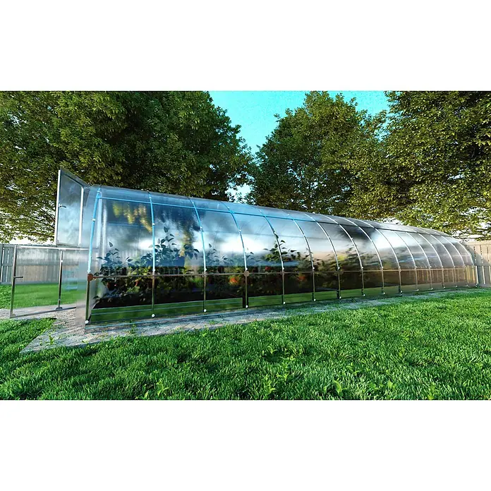 Klasika Greenhouses Gewächshaus Tube Klasika - Außenmaß inkl. Dachüberstand (B x T): 300 x 1.000 cm, Material Seitenwand: Kunststoff, 4 mm, Silbergrau - Gewölbtes Polycarbonat-Gewächshaus im Garten mit sichtbaren Pflanzen.