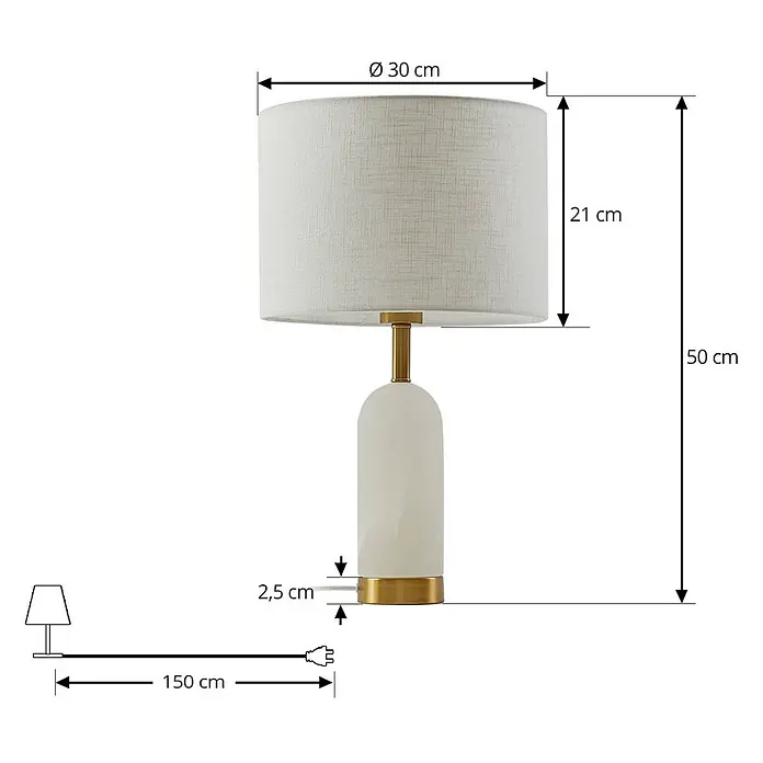 Lindby Tischleuchte Alabaster - alu / grau / zink, weiß / opal, E27 - Weiße Stoff-Tischleuchte mit cremefarbenem Sockel und Goldakzenten, mit allen Produktdimensionen.
