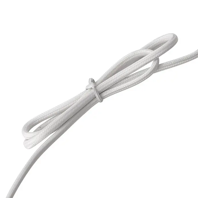 Lindby Tischleuchte Alabaster - alu / grau / zink, weiß / opal, E27 - Weißes geflochtenes Kabel, sauber aufgerollt und mit einem weißen Kabelbinder gesichert.
