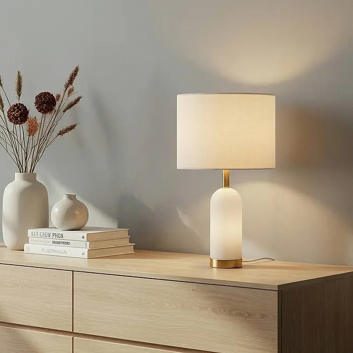 Lindby Tischleuchte Alabaster - alu / grau / zink, weiß / opal, E27 - Weiße Tischlampe mit Goldakzenten und Stoffschirm, leuchtend auf einer hellen Holzkommode.