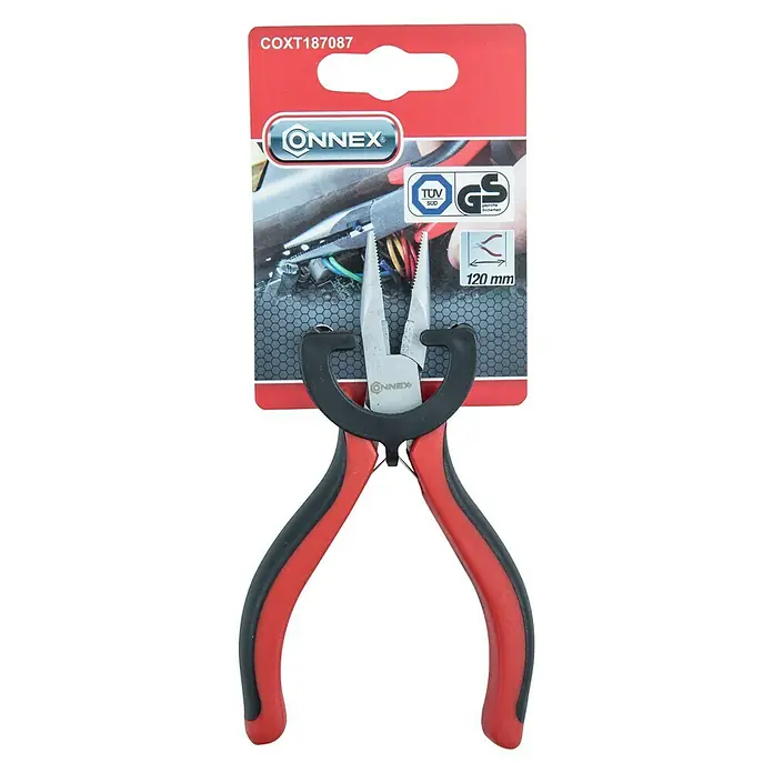 Connex Alicates planos - Largo: 12 cm - Primer plano colgante de unos alicates CONNEX con mangos rojos y negros y una etiqueta que dice "COXT187087".