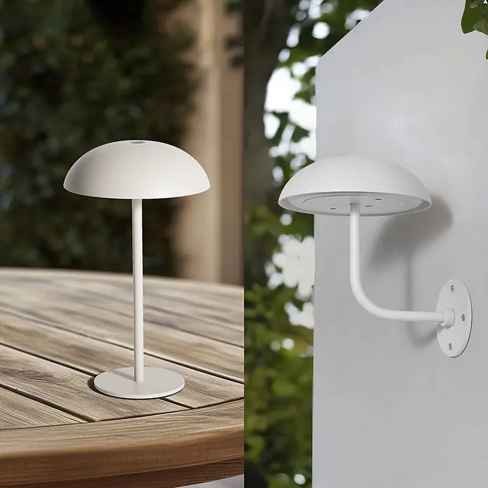 Arcchio Tischleuchte Thenra - L x B x H: 15,4 x 15,4 x 9,5 cm, weiß / opal, weiß / opal - Weiße pilzförmige Lampe, als tragbare Tischleuchte auf Holz und als Wandleuchte gezeigt.