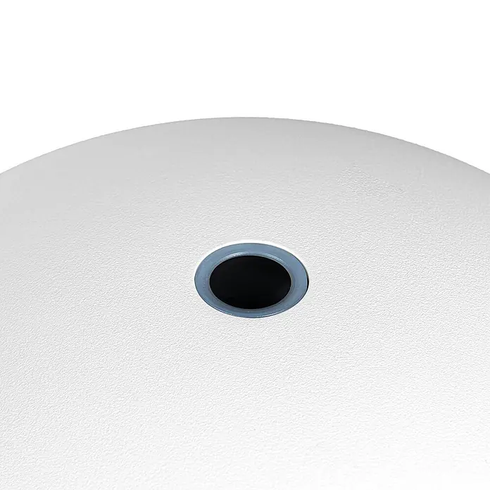 Arcchio Tischleuchte Thenra - L x B x H: 15,4 x 15,4 x 9,5 cm, weiß / opal, weiß / opal - Nahaufnahme eines dunklen Rundsensors mit hellgrauem Ring in einer weißen, texturierten Oberfläche.
