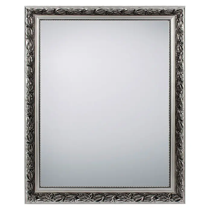 Rahmenspiegel Sonja - 55 x 70 cm, Silber, Holz - Rechteckiger Spiegel mit einem verzierten, silbernen Metallrahmen und Blattmuster.