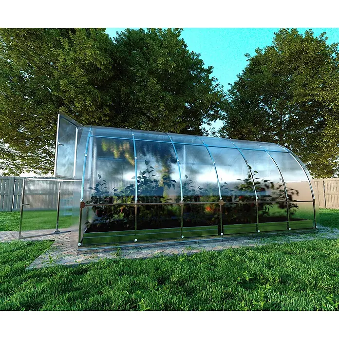 Klasika Greenhouses Gewächshaus Tube Klasika - Außenmaß inkl. Dachüberstand (B x T): 300 x 400 cm, Material Seitenwand: Kunststoff, 4 mm, Silbergrau - Gewölbtes Polycarbonat-Gewächshaus mit Metallrahmen im Garten, mit Pflanzen darin.