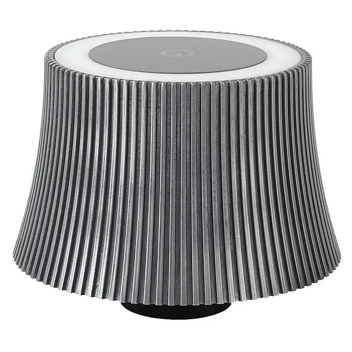Lindby Tischleuchte Linor - L x B x H: 11,3 x 11,3 x 8,8 cm, alu / grau / zink - Graue gerippte, konische Lampe mit weißem Leuchtring und zentralem Bedienfeld oben.