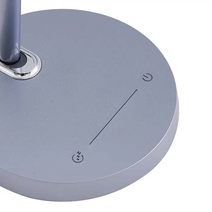 Lindby Tischleuchte Thies - L x B x H: 45,9 x 9,2 x 78,9 cm, alu / grau / zink, alu / grau / zink - Graue runde Lampenbasis mit Ein/Aus-Symbol, Helligkeitsregler und Schlafmodus-Symbol.