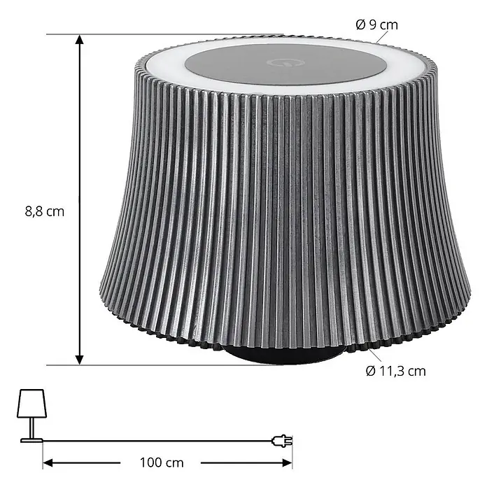 Lindby Tischleuchte Linor - L x B x H: 11,3 x 11,3 x 8,8 cm, alu / grau / zink - Kompakte, metallic-graue gerippte Lampe, konisch zulaufend, mit weißem Leuchtring oben.