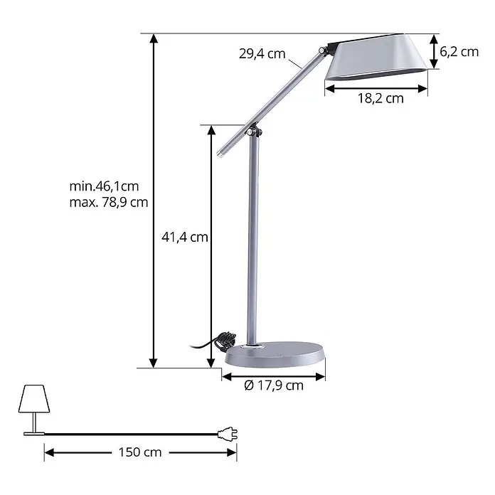 Lindby Tischleuchte Thies - L x B x H: 45,9 x 9,2 x 78,9 cm, alu / grau / zink, alu / grau / zink - Verstellbare, silberne Schreibtischlampe mit rechteckigem Schirm und rundem Fuß, gezeigt mit den Maßen und 150 cm Kabel.