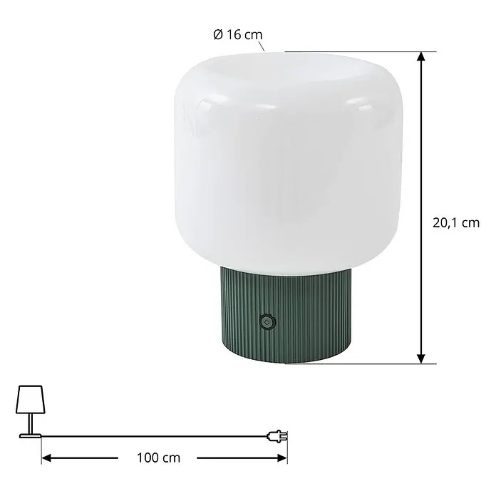 Lucande Tischleuchte Katrin Palme - L x B x H: 16 x 16 x 20 cm, grün, weiß / opal - Weiße Glastischlampe mit dunkelgrünem geriffeltem Fuß und An/Aus-Taste. Maße: Ø 16 cm, H 20,1 cm, 100 cm Kabel.