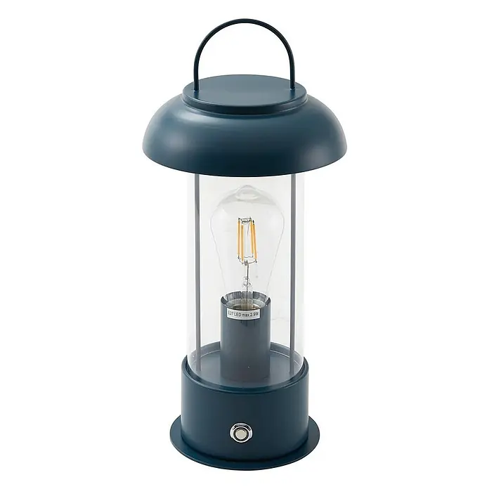 Lindby Tischleuchte Yvette - L x B x H: 17 x 17 x 36,4 cm, blau, E27 - Dunkeltürkise tragbare Laterne mit Klarglas, LED-Filamentbirne und Griff.