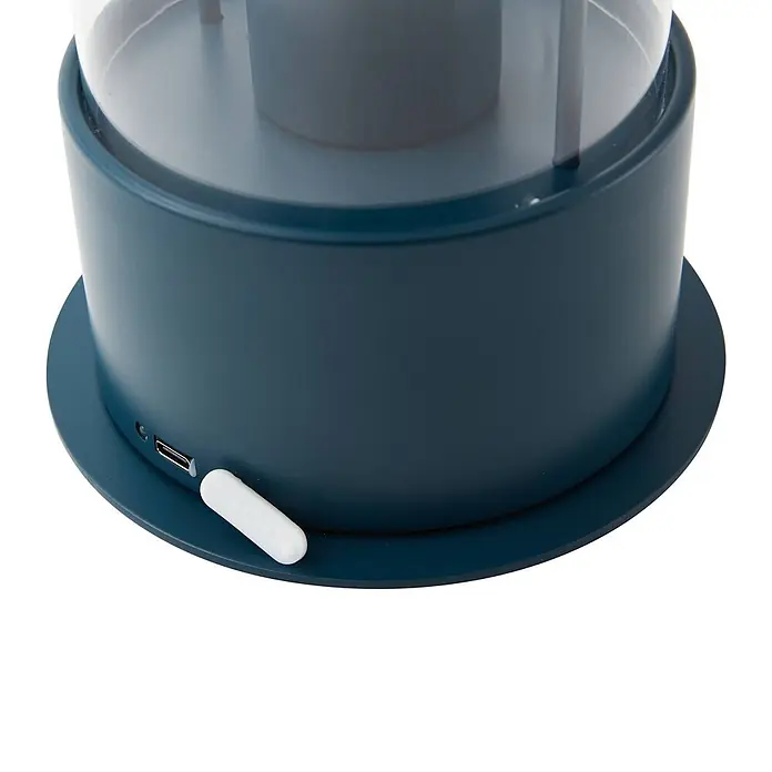 Lindby Tischleuchte Yvette - L x B x H: 17 x 17 x 36,4 cm, blau, E27 - Dunkelblaue zylindrische Luftbefeuchterbasis mit klarer Kuppel, USB-Anschluss und weißem Saugstab.
