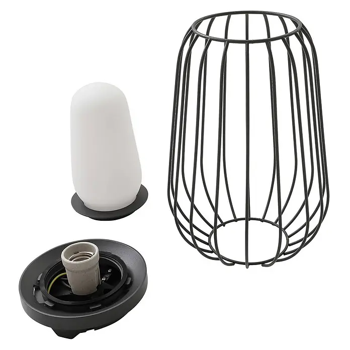 Lucande Tischleuchte Chandan - L x B x H: 20,1 x 20,1 x 32,1 cm, schwarz, schwarz, E27 - Demontierte Lampenkomponenten: ein schwarzer Drahtkäfig-Lampenschirm, ein weißer Diffusor und ein dunkelgrauer Sockel mit Glühbirnenfassung.