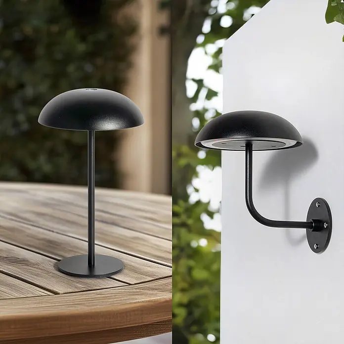 Arcchio Tischleuchte Thenra - schwarz, schwarz - Eine schwarze Pilzlampe, gezeigt als tragbare Tischleuchte und Wandleuchte.