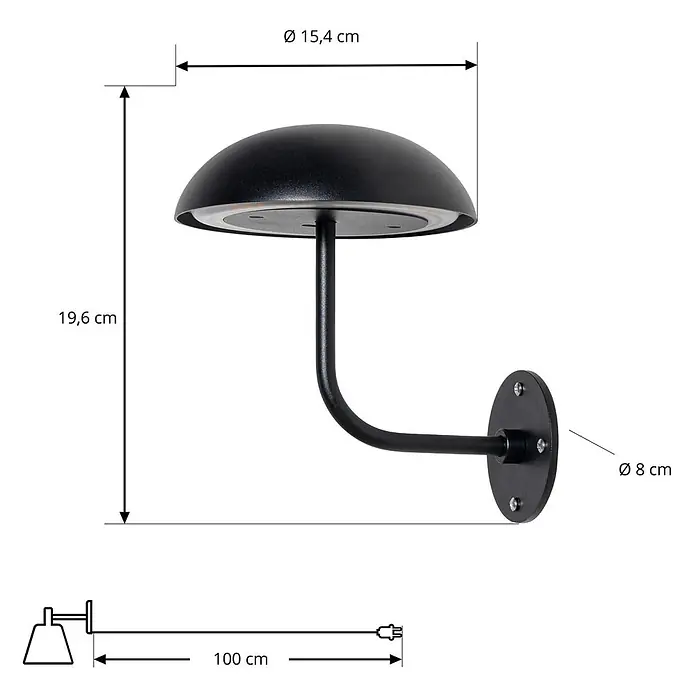 Arcchio Tischleuchte Thenra - schwarz, schwarz - Schwarze Metall-Wandlampe mit halbkugelförmigem Schirm und gebogenem Arm, mit Maßen.