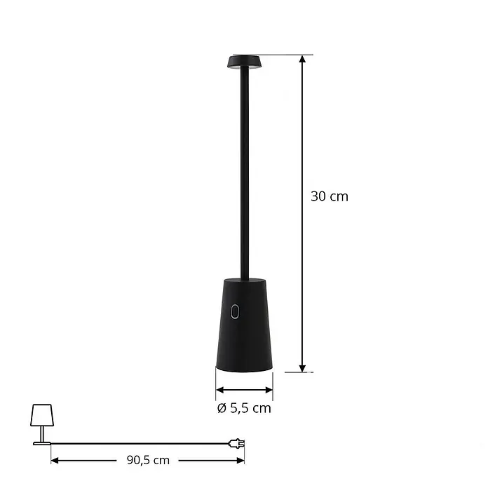 Lindby Tischleuchte Noelani - L x B x H: 5,5 x 5,5 x 30 cm, schwarz, schwarz - Elegante schwarze Tischleuchte, 30 cm hoch, 5,5 cm Durchmesser, mit 90,5 cm Ladekabel.
