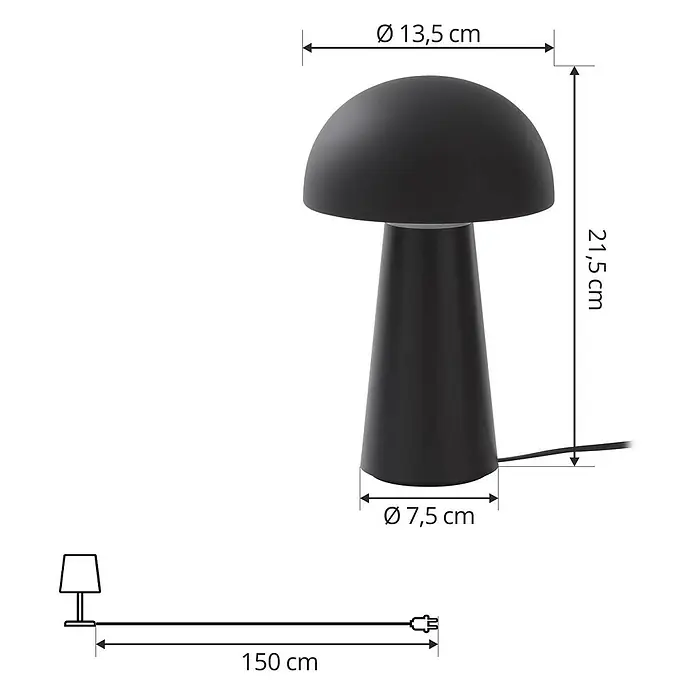 Lindby Tischleuchte Zyre - schwarz, schwarz - Schwarze pilzförmige Tischlampe mit 13,5 cm Schirmdurchmesser, 21,5 cm Höhe, 7,5 cm Fuß und 150 cm Kabel.
