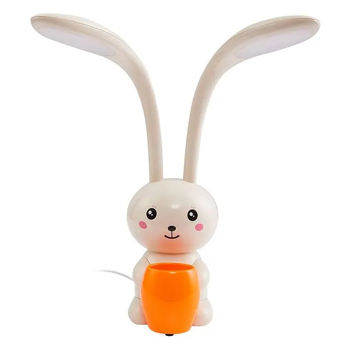Lindby Tischleuchte Haas - creme / amber, creme / amber - Weiße Hasen-Schreibtischlampe mit zwei flexiblen LED-Ohren und integriertem orangefarbenen Stiftehalter.