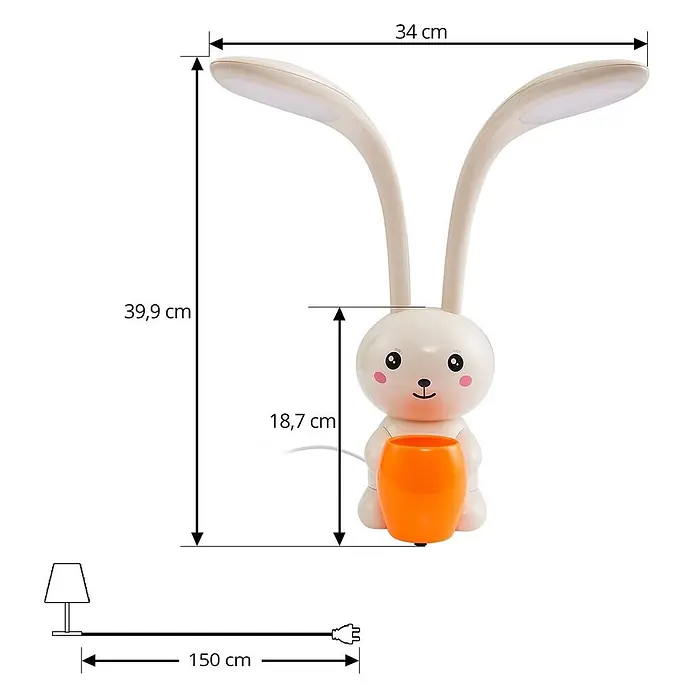 Lindby Tischleuchte Haas - creme / amber, creme / amber - Weiße Hasen-Tischleuchte mit flexiblen LED-Ohren und orangefarbenem Stifthalter, 39,9 cm hoch, 150 cm Kabel.