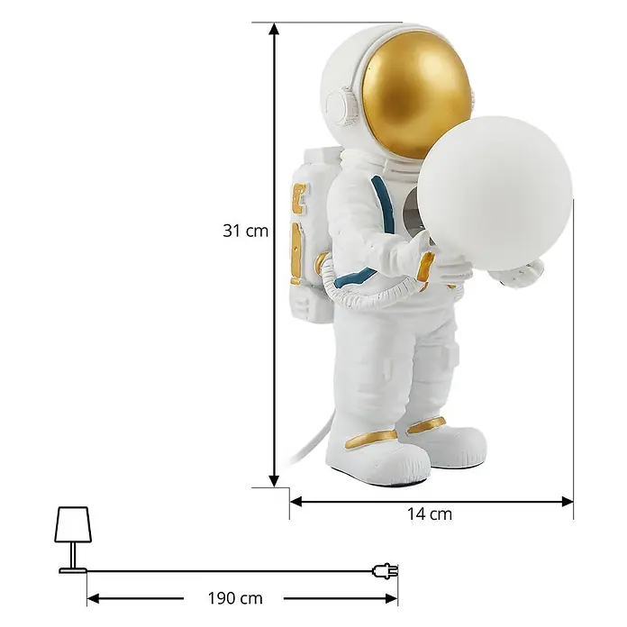 Lindby Tischleuchte Kosmo - L x B x H: 22,5 x 14 x 31 cm, weiß / opal, weiß / opal, G9 - Weiße und goldene Astronautenlampe mit kugelförmigem Licht. Maße: 31 cm H, 14 cm B, 190 cm Kabel.