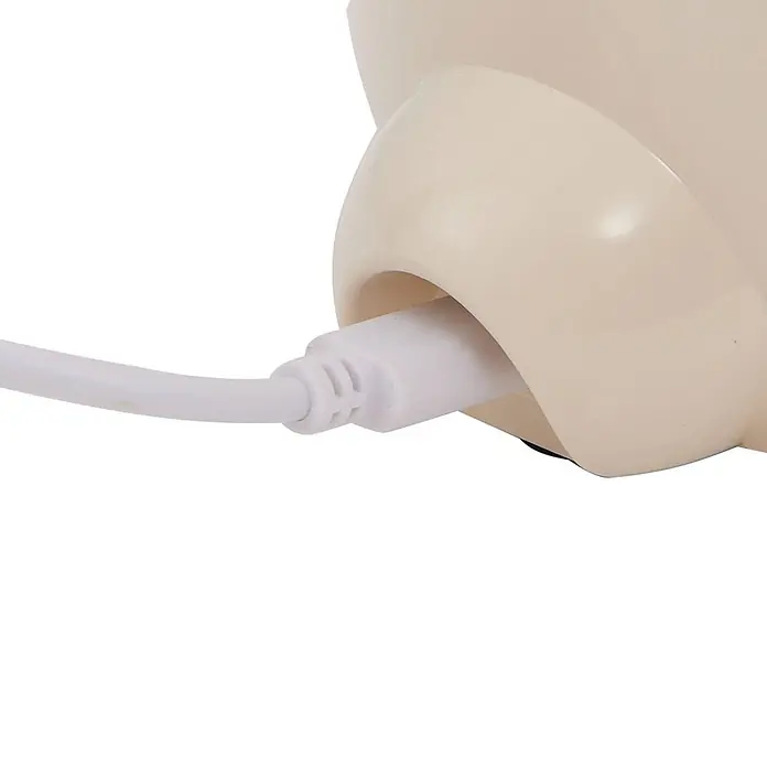 Lindby Tischleuchte Haas - creme / amber, creme / amber - Weißes USB-Ladekabel steckt in einem beigefarbenen elektronischen Gerät.
