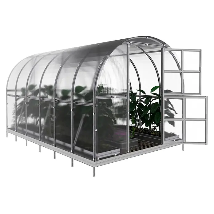 Klasika Greenhouses Gewächshaus Arch Klasika - Außenmaß inkl. Dachüberstand (B x T): 300 x 400 cm, Material Seitenwand: Kunststoff, 4 mm, Silbergrau - Transparentes Gewächshaus mit gebogenem Dach und Metallrahmen, Pflanzen und offene Fenster.