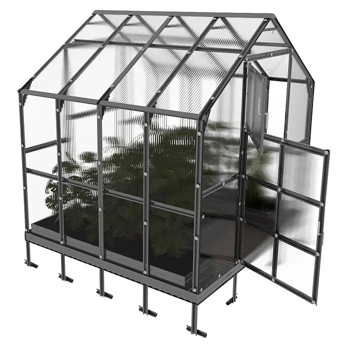 Klasika Greenhouses Gewächshaus House Klasika - Außenmaß inkl. Dachüberstand (B x T): 235 x 212 cm, Material Seitenwand: Kunststoff, 6 mm, Silbergrau - Graues Gewächshaus mit Wellplatten, Pflanzen innen, offener Tür und Lüftungsfenster, auf Stützfüßen.