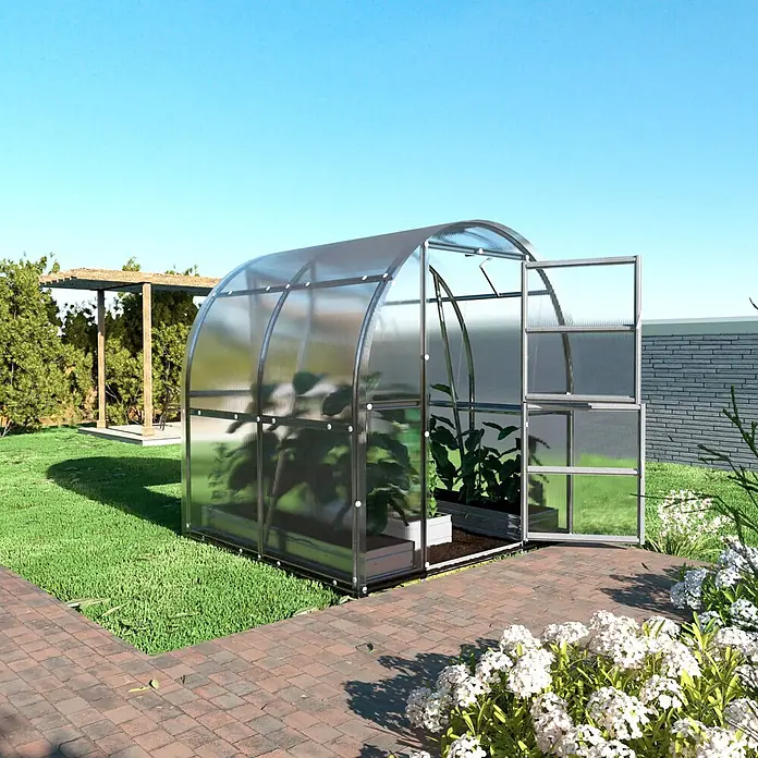 Klasika Greenhouses Gewächshaus Slim Klasika - Außenmaß inkl. Dachüberstand (B x T): 200 x 200 cm, Material Seitenwand: Kunststoff, 6 mm, Silbergrau - Gewölbtes, transparentes Gewächshaus mit Metallrahmen im Garten, Pflanzen sichtbar, Tür leicht offen.