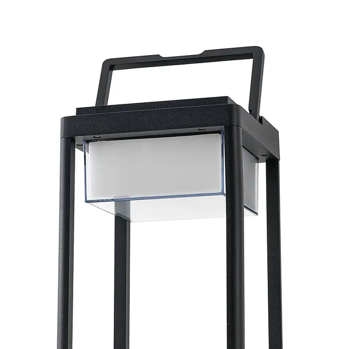 Lucande Tischleuchte Tilena - L x B x H: 18,5 x 18,5 x 32 cm, schwarz - Schwarze tragbare Laterne mit Griff und rechteckigem, durchscheinendem weißem Lichtdiffusor.