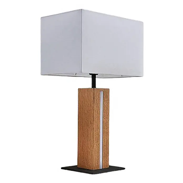 Lindby Tischleuchte Garry - L x B x H: 32 x 20 x 52,5 cm, Holz hell, weiß / opal, E27 - Rechteckiger weißer Lampenschirm auf einem Holzsockel mit silbernem Akzentstreifen und schwarzem quadratischem Standfuß.